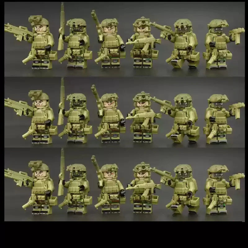 A collection of miniature building blocks depicting various Delta Squad special forces soldiers.