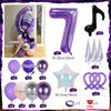 A set of purple and silver balloons, including a number balloon, star balloon, and various colored balloons for a music theme