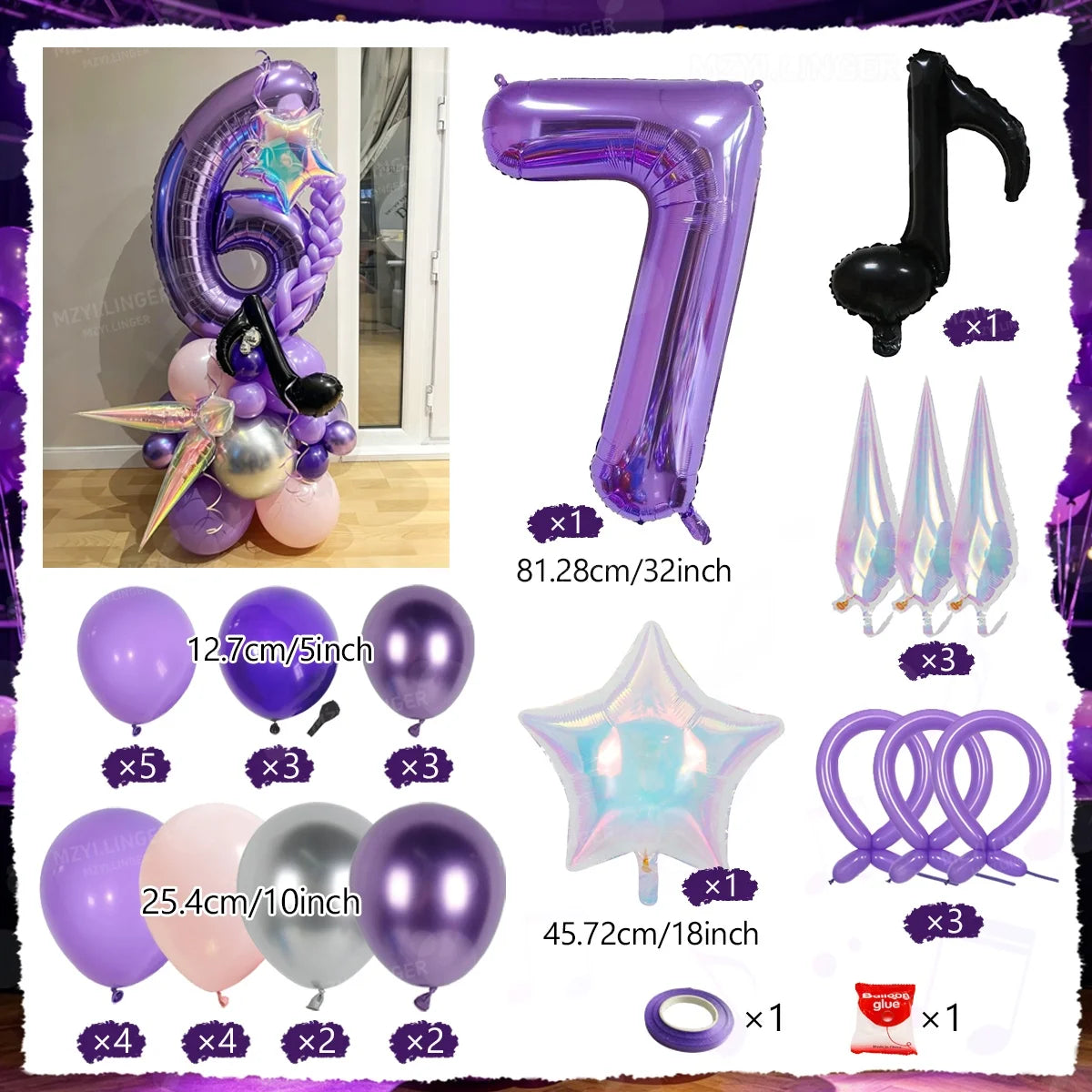 A set of purple and silver balloons, including a number balloon, star balloon, and various colored balloons for a music theme
