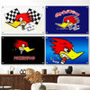 A collection of three flags featuring a red bird head design with yellow accents and black and white checkered patterns.