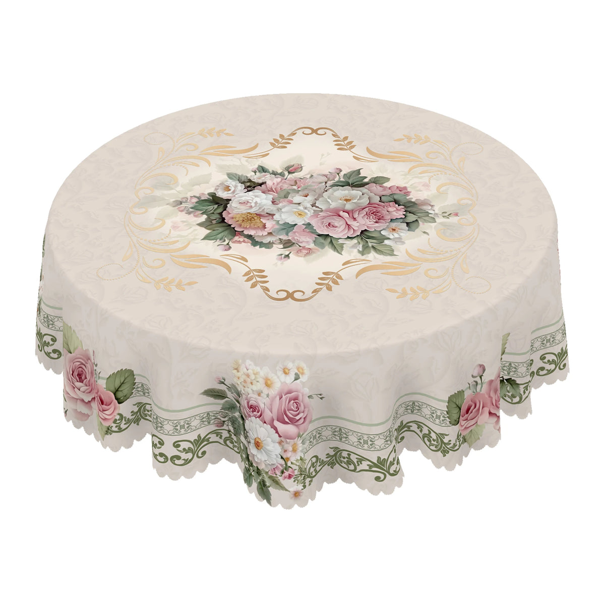 Vintage French floral tablecloth in beige with rose and daisy print design