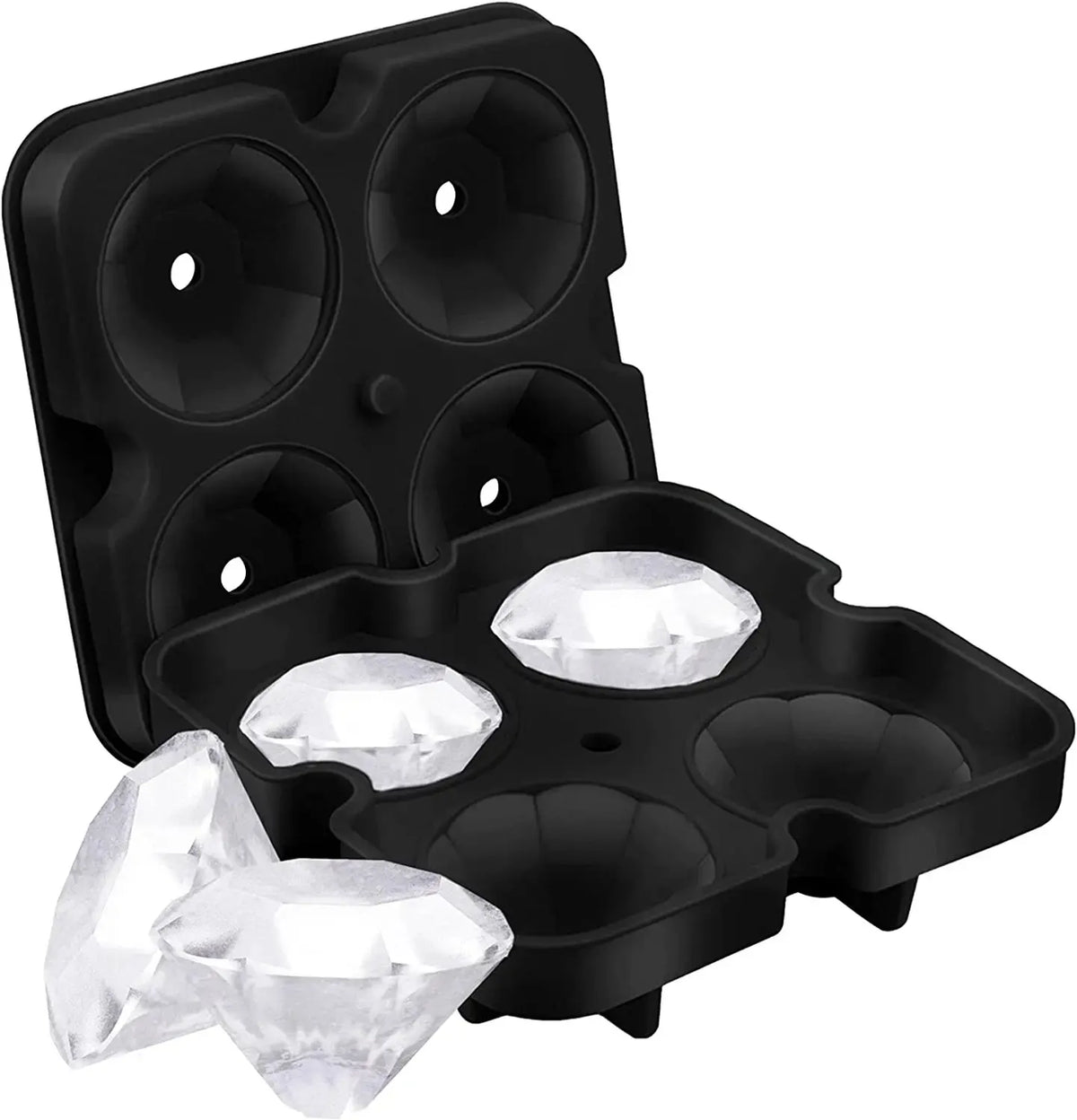Black silicone ice mold set featuring skull, sphere, and diamond shaped ice forms