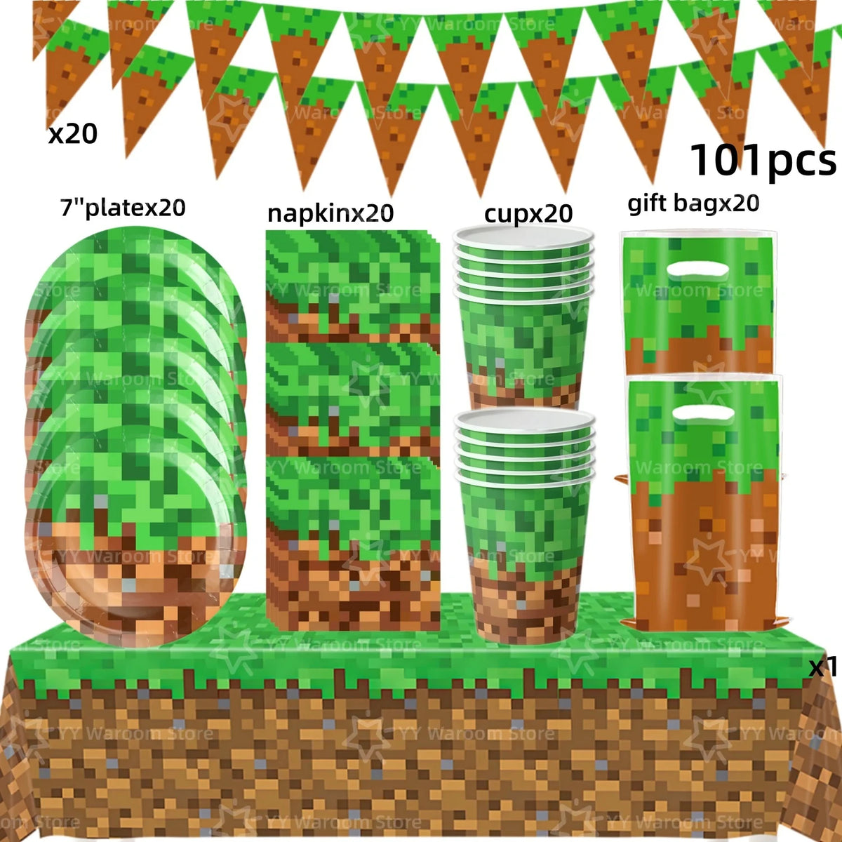 A set of green miner theme party decorations including paper flags, napkins, cups, and gift bags.