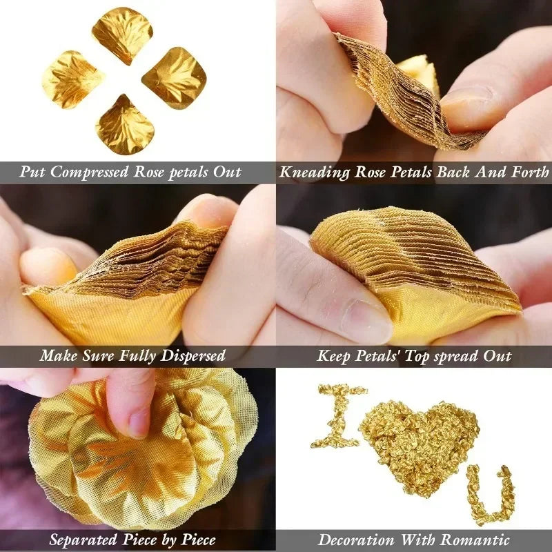 Various ways to use silk rose petals including compressed, kneaded, dispersed, and separated pieces for decoration