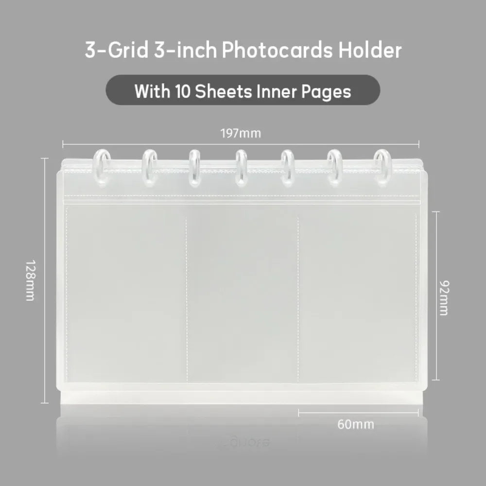 A transparent 3-grid photo card holder with ten sheets inside, featuring a mushroom hole design.
