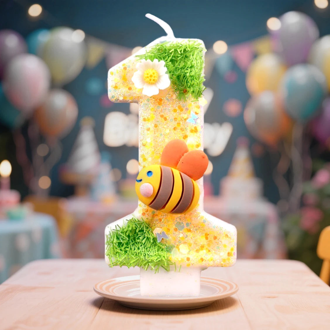 A large number one candle decorated with yellow confetti and green moss, set against a blurred background of balloons.