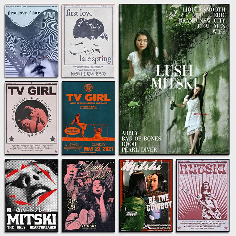 A collection of album art covers for Mitski and TV Girl including first love late spring Lush and Bag of Bones