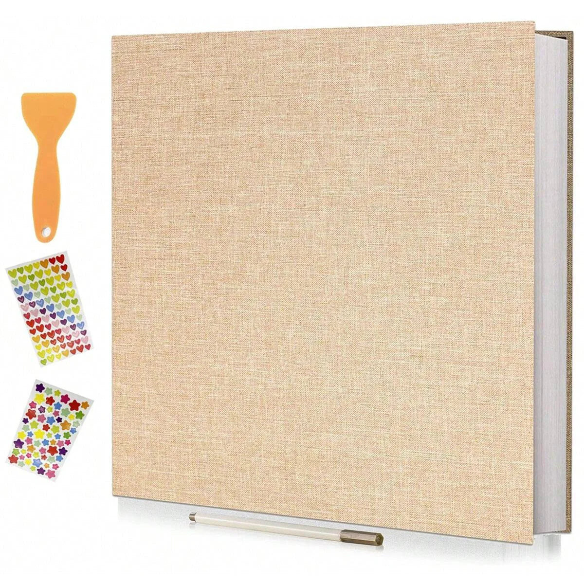 A beige linen scrapbook photo album with a wooden tool and self-adhesive pages displayed on a white background.