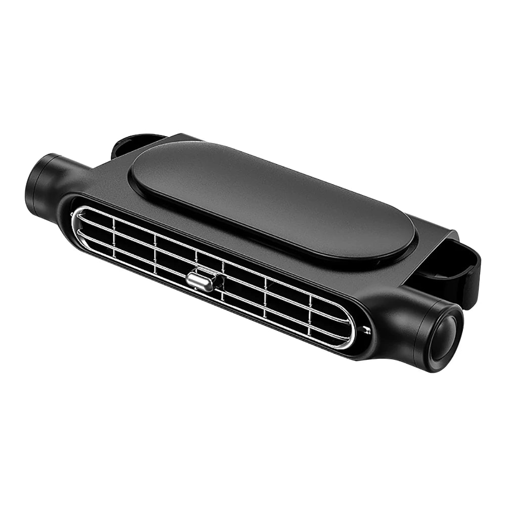Black car backseat cooling fan with a grille and housing