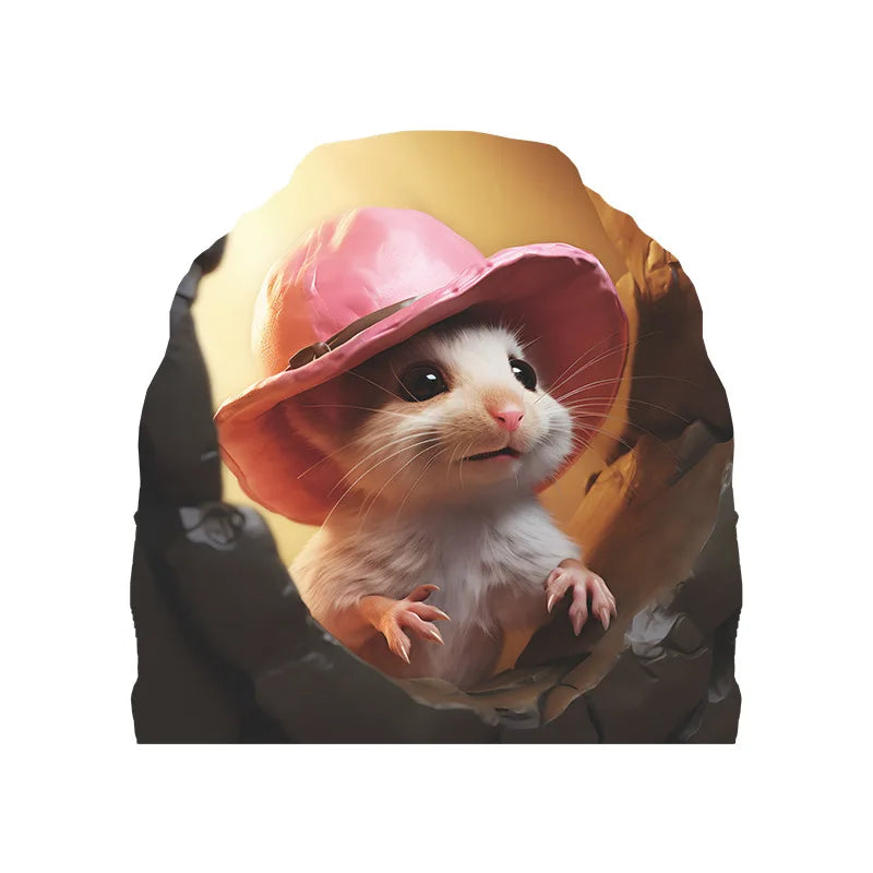 A cute white mouse with pink ears wearing a pink hat peeking out from a dark, textured background.
