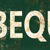 Vintage distressed metal sign with the text BARBEQUE BLVD in a weathered olive green color.