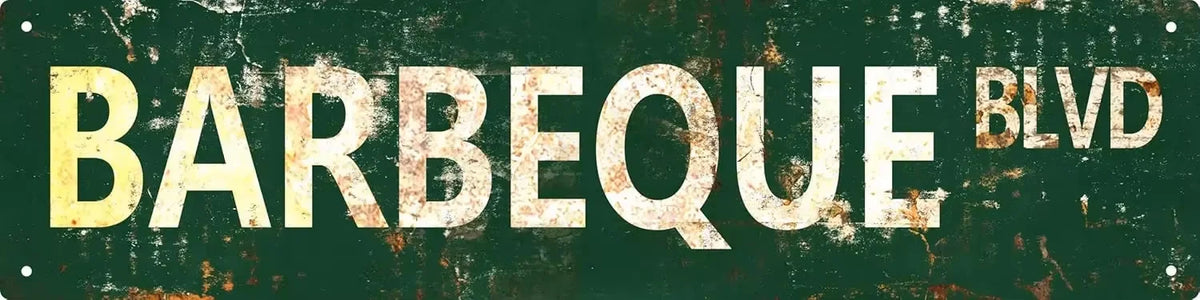 Vintage distressed metal sign with the text BARBEQUE BLVD in a weathered olive green color.