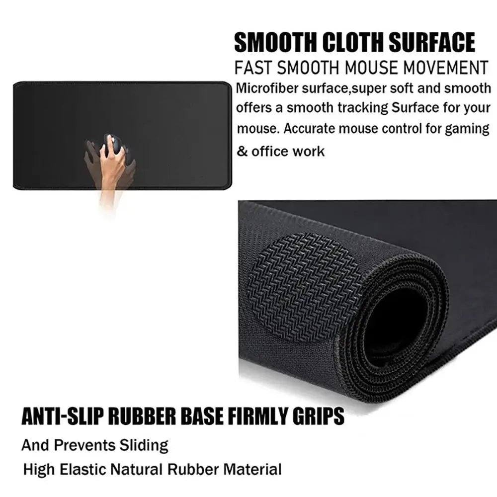 Black cloth mouse pad with anti-slip rubber grips and a smooth surface for gaming or office work
