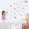 A girl in a pink dress is shown with numerous colorful butterflies flying around her on a white wall.