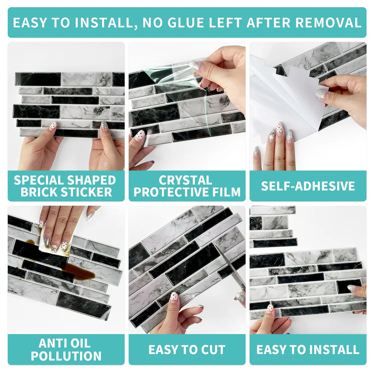 A set of self-adhesive marble wall tiles in black and white patterns being installed on a surface.