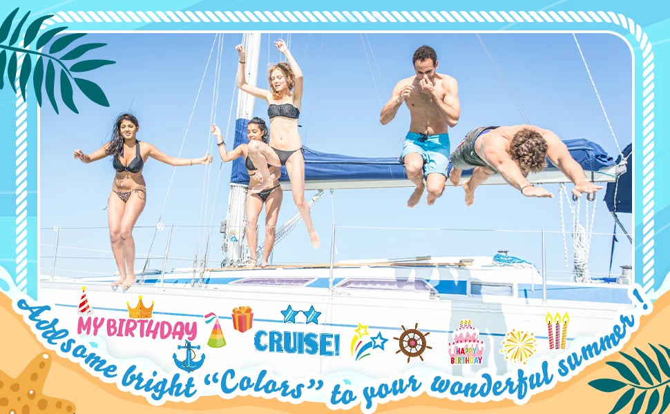 A family is jumping on a boat deck during a birthday cruise celebration.