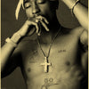 A close-up, sepia-toned photo of a shirtless man with tattoos touching his face, likely for a Tupac retro poster.