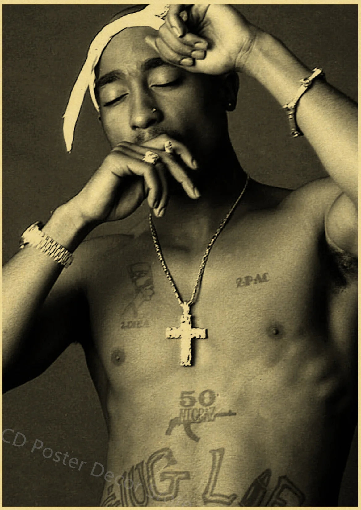 A close-up, sepia-toned photo of a shirtless man with tattoos touching his face, likely for a Tupac retro poster.