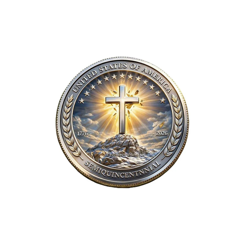A commemorative coin featuring a cross and laurel wreaths with the text United States of America and dates 1776 and 2026.