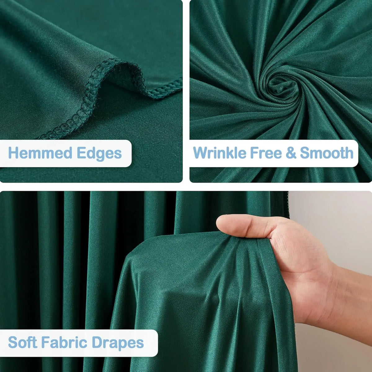 Close-up of dark green fabric showing hemmed edges, smooth draping, and soft fabric texture.