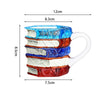A stack of hand-painted ceramic mugs featuring various book designs in blue, orange, and white.