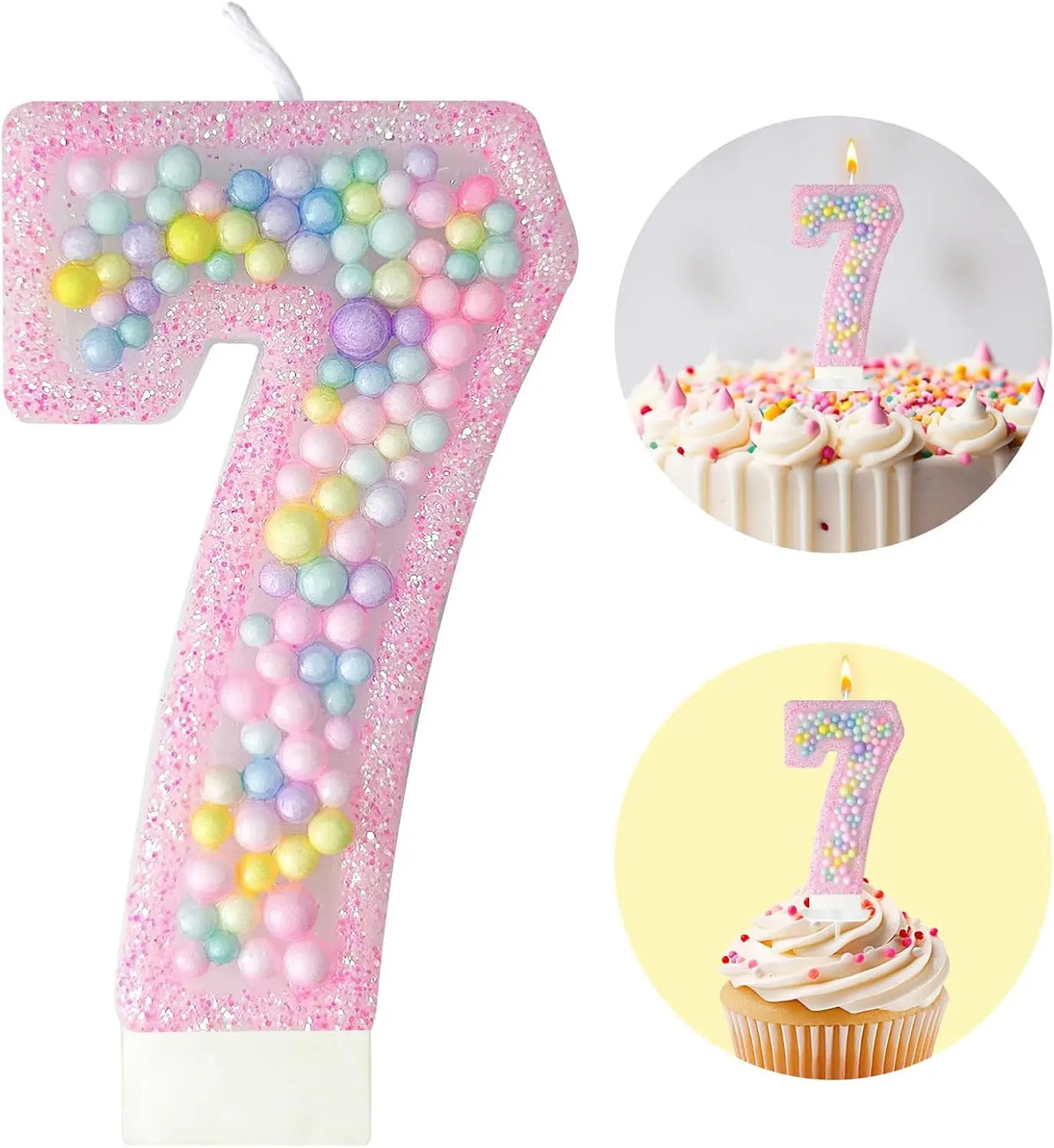Pink glitter acrylic number 7 birthday candle and macaron cake display