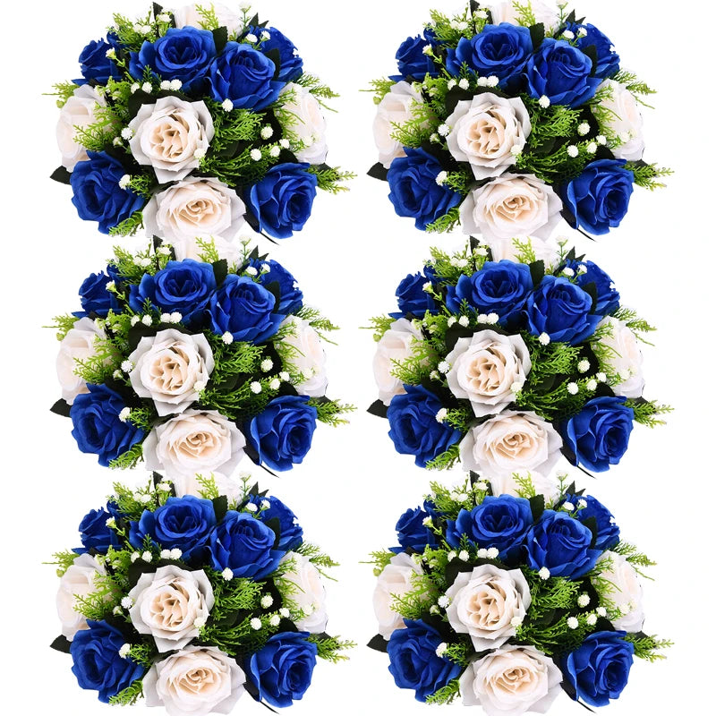 A set of six bouquets featuring blue and cream silk artificial roses arranged in a ball centerpiece style.