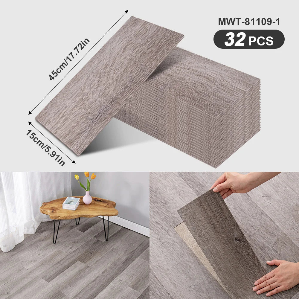 A package of wood grain peel-and-stick floor and wall stickers in a gray finish, showing the product size and texture.
