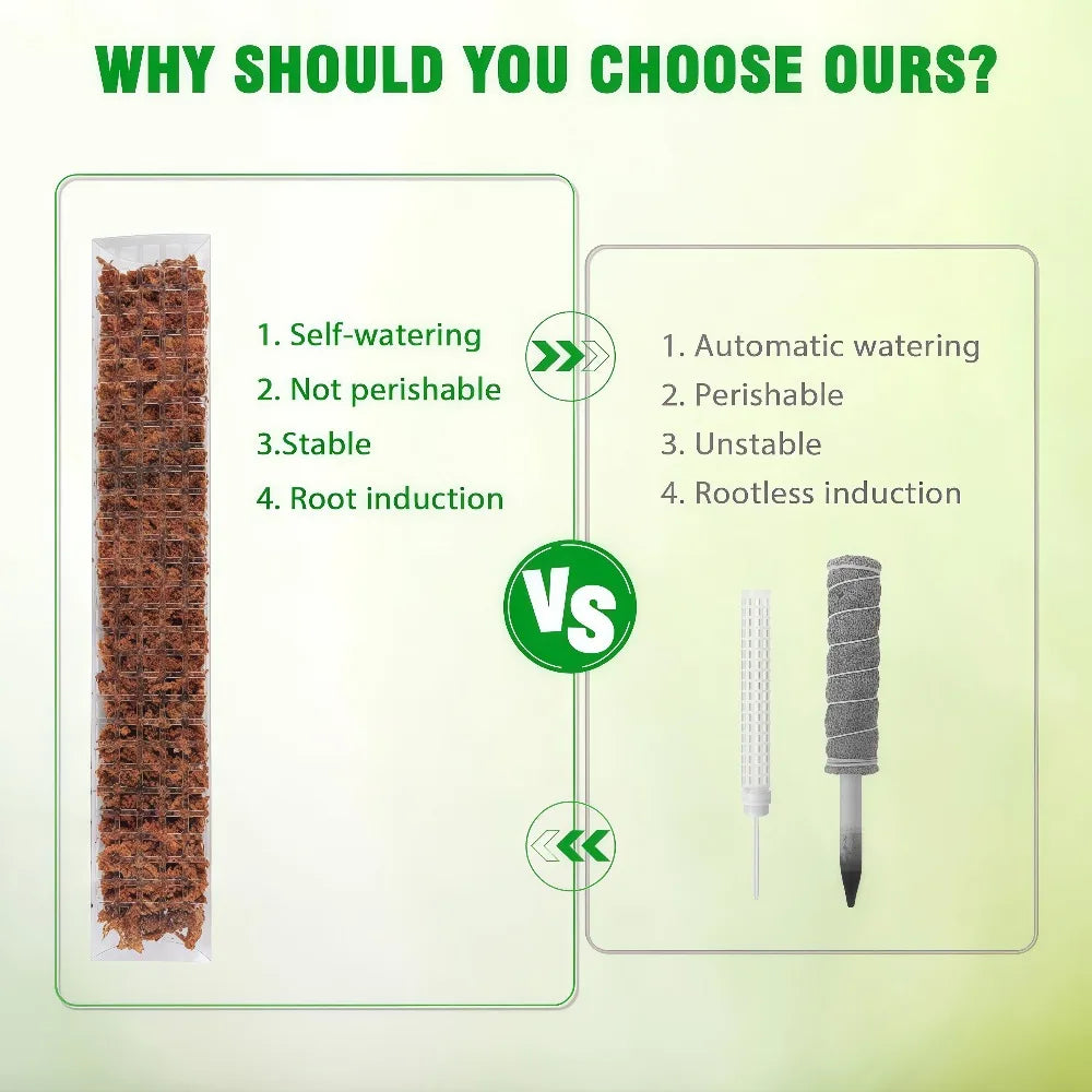 Comparison chart showing features of a plastic moss pole plant support against a similar product.