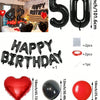 A set of red and black foil number balloons, heart-shaped balloons, and round balloons for birthday decorations.