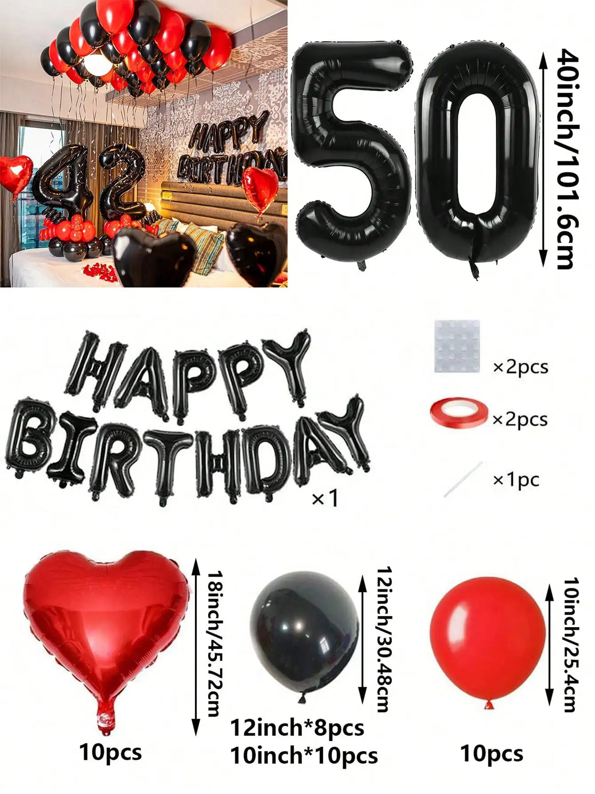 A set of red and black foil number balloons, heart-shaped balloons, and round balloons for birthday decorations.