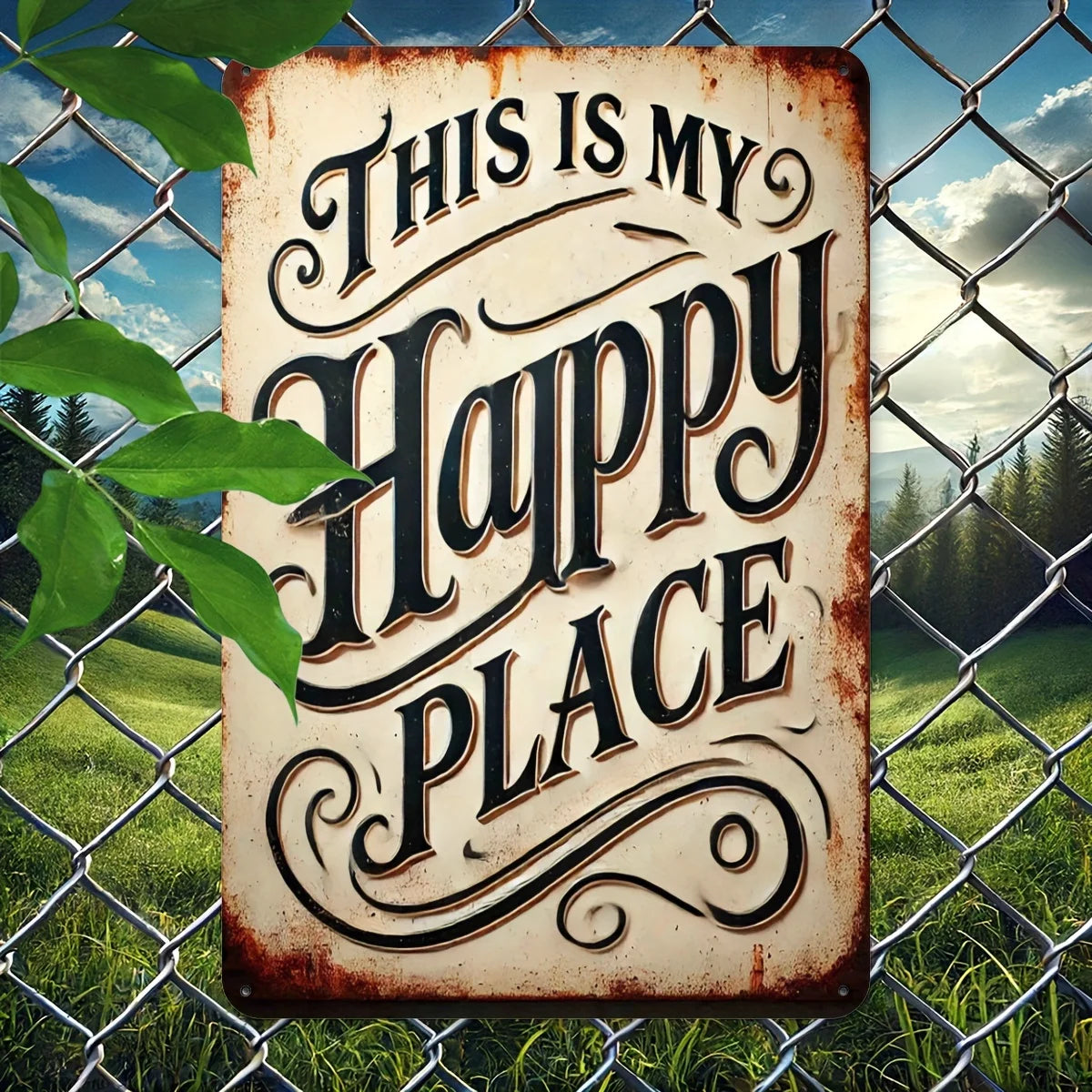 A rustic iron wall sign with the text This Is My Happy Place is displayed through a chain-link fence in a grassy outdoor sett