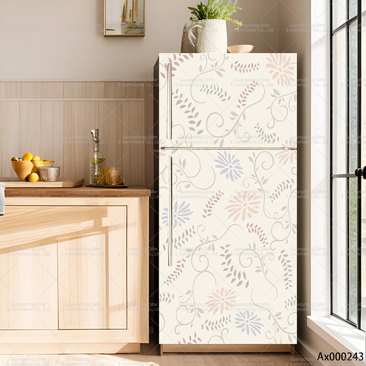 A white refrigerator featuring a minimalist floral pattern with pink and gray leaves and flowers.