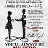 A black and white graphic print featuring a silhouette of a daughter and a father with text about giving sight through eyes a