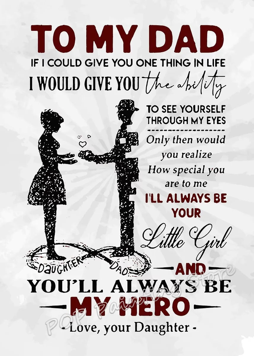 A black and white graphic print featuring a silhouette of a daughter and a father with text about giving sight through eyes a
