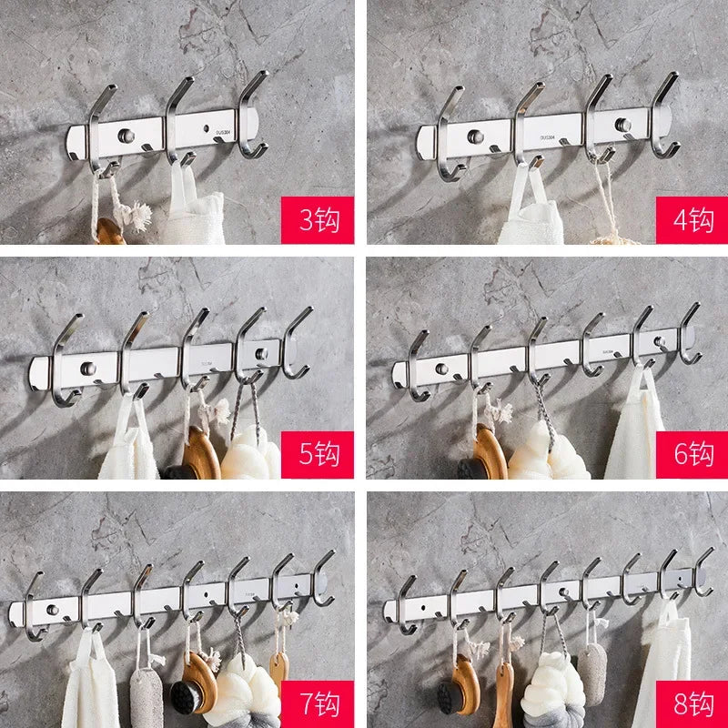 A set of eight wall-mounted stainless steel hooks in various sizes, demonstrating different hook counts from three to eight.