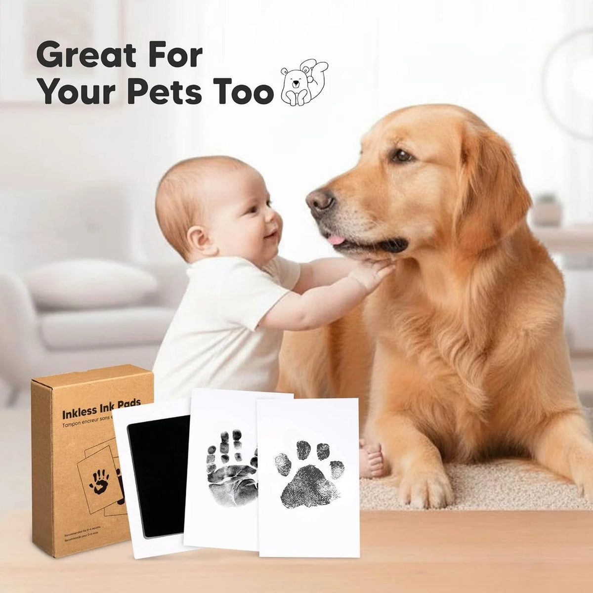 A puppy and a baby interacting with an ink pad keepsake kit for pet and baby footprints