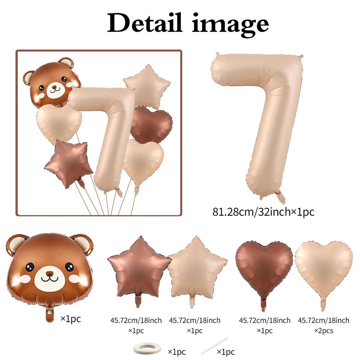 A set of foil balloons shaped like the number 7 and a bear, in caramel and nude colors.