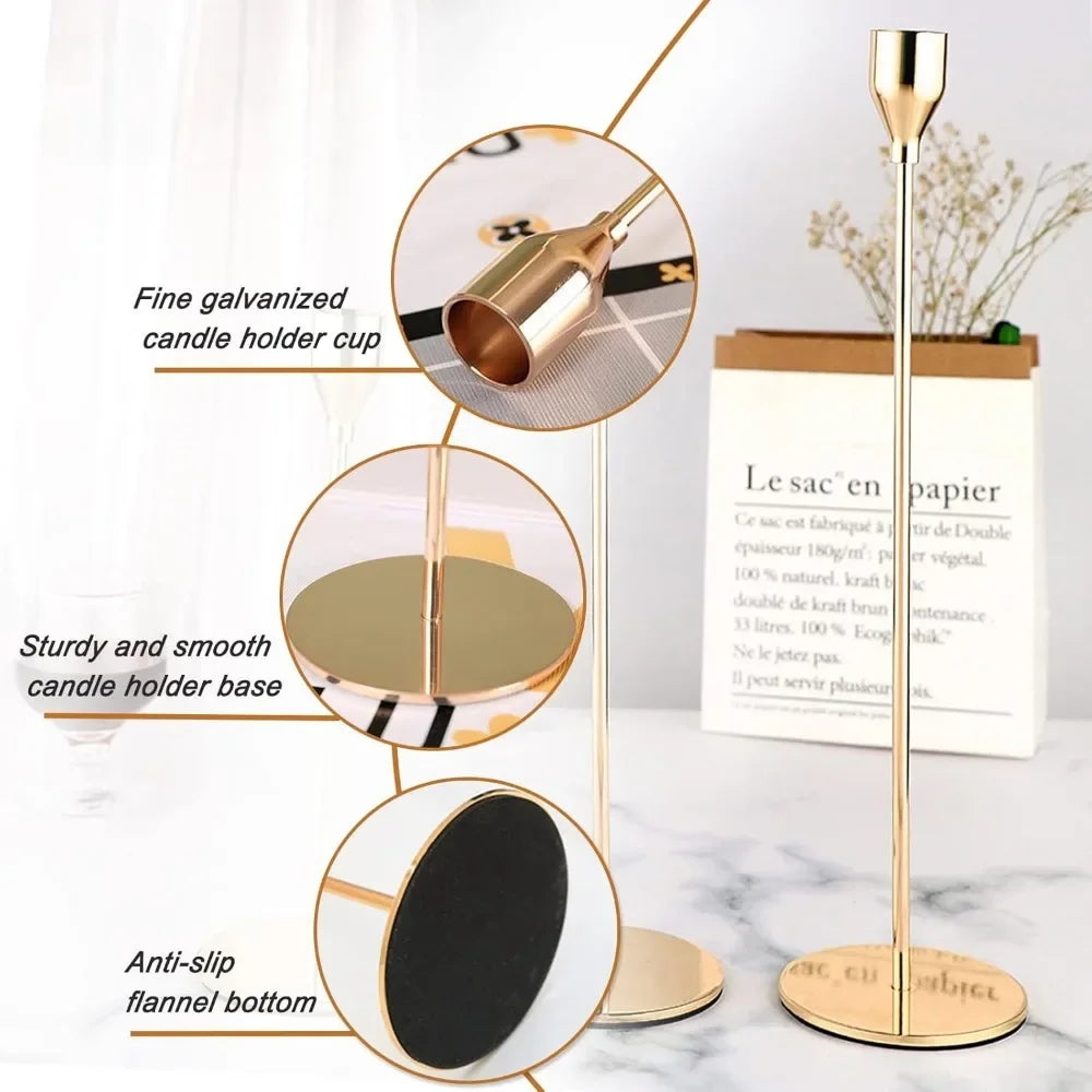 A set of three gold-toned metal taper candle holders with a fine galvanized cup and anti-slip flannel bottom.
