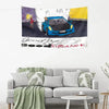 A tapestry wall art featuring a stylized scene with a blue car and text that reads Good bye & Good Riddance