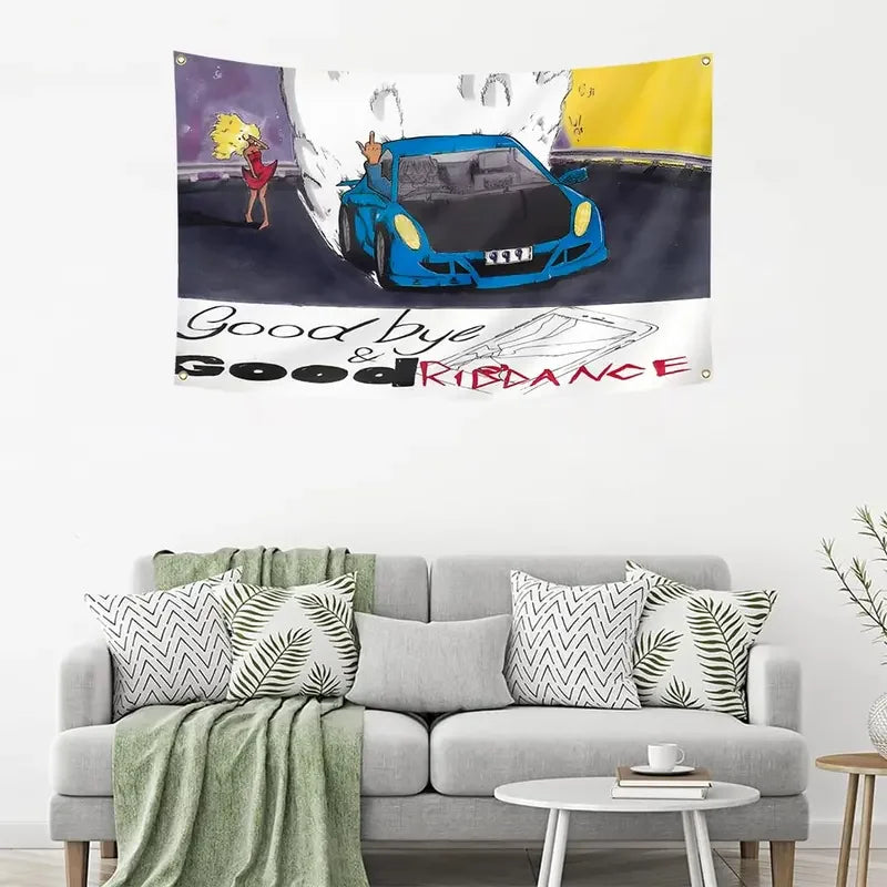 A tapestry wall art featuring a stylized scene with a blue car and text that reads Good bye & Good Riddance