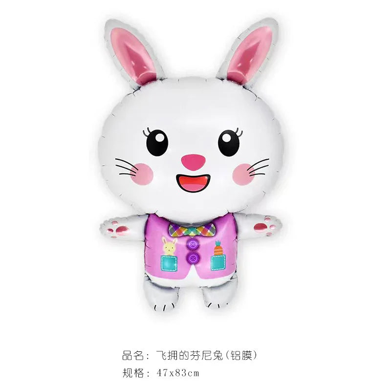 A cute white cartoon bunny foil balloon with pink inner ears and a smiling face.