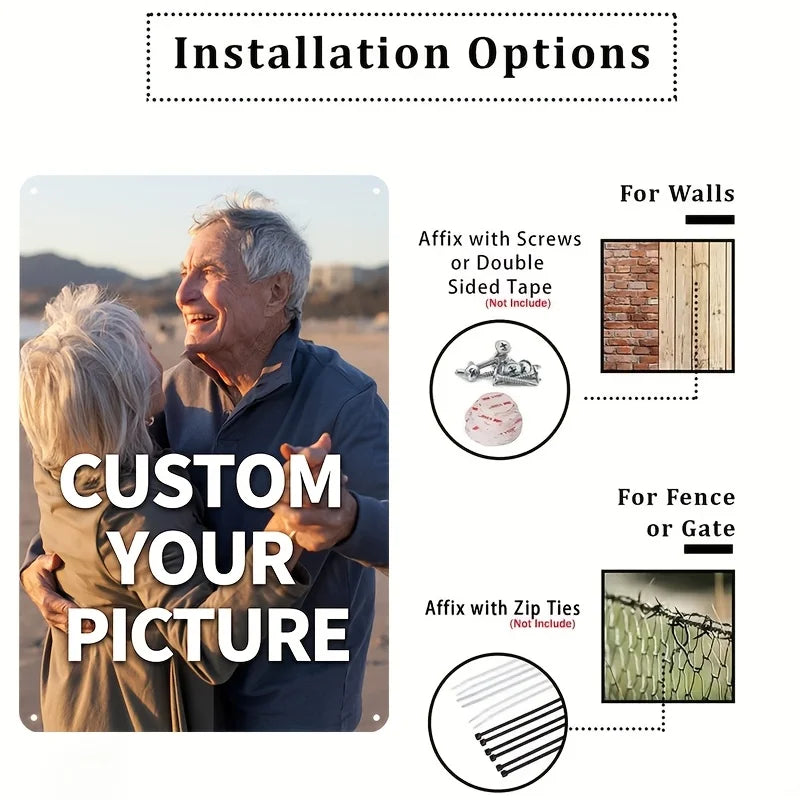 A photo of an elderly man and woman smiling, demonstrating a custom picture installation option for metal art.