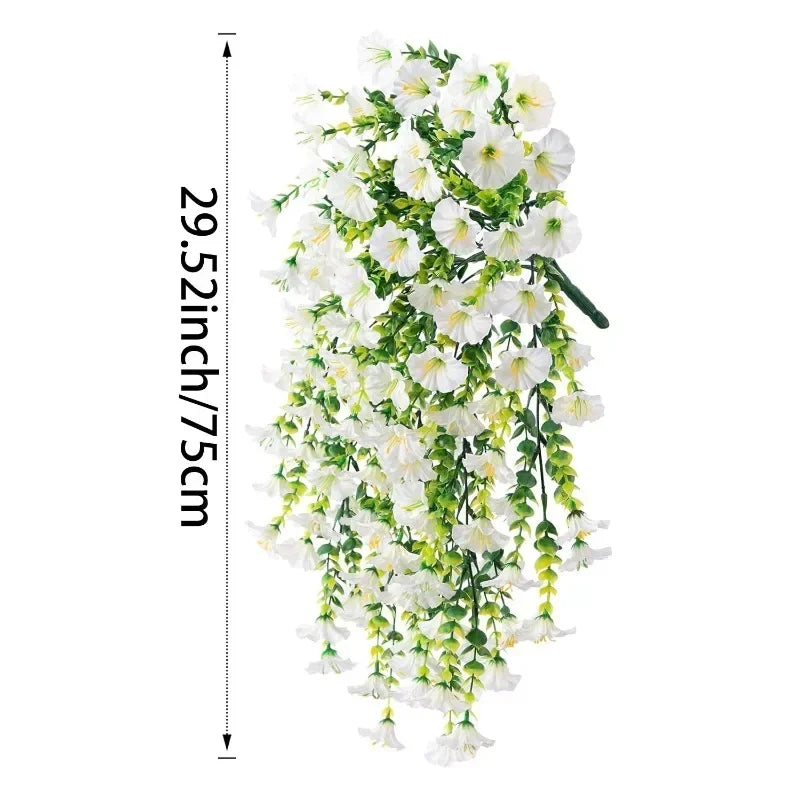 A long, cascading garland of white and green artificial morning glory flowers.