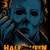 A close-up, dramatic illustration of Michael Myers with glowing eyes and intense expression against a dark background.