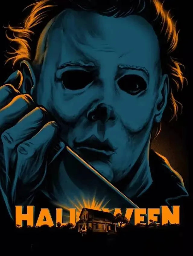 A close-up, dramatic illustration of Michael Myers with glowing eyes and intense expression against a dark background.