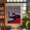 A poster for the movie American Psycho featuring a dark figure lying on a red surface.