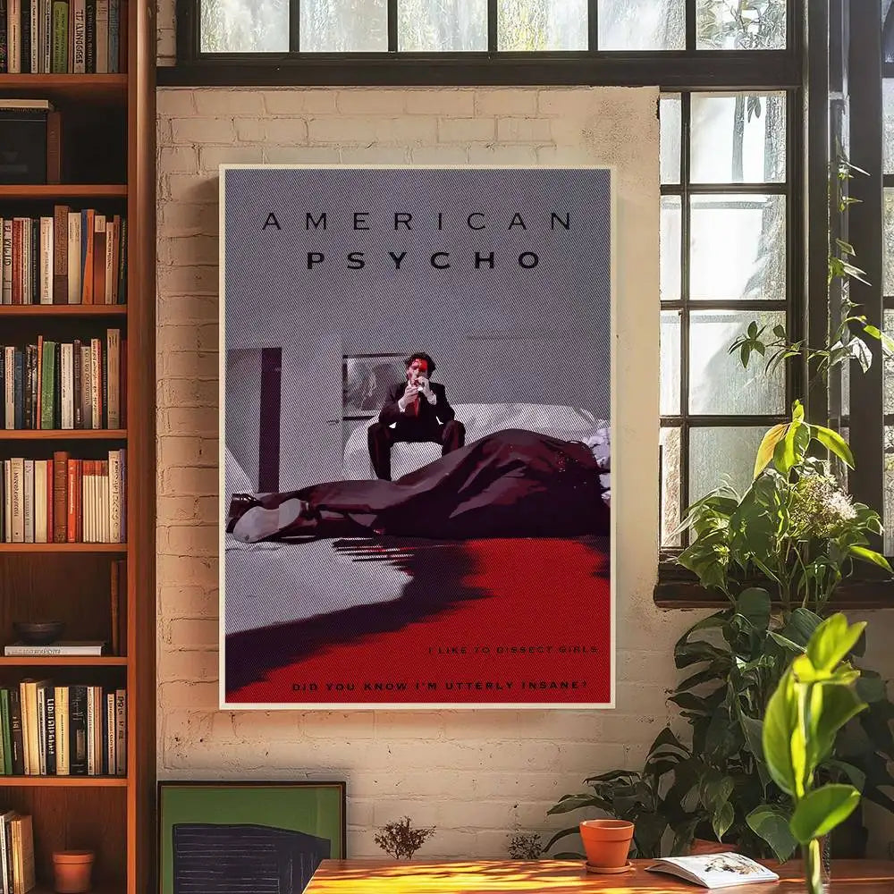 A poster for the movie American Psycho featuring a dark figure lying on a red surface.