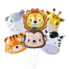 A bunch of foil balloons shaped like cartoon jungle safari animals including a lion, tiger, and monkey.