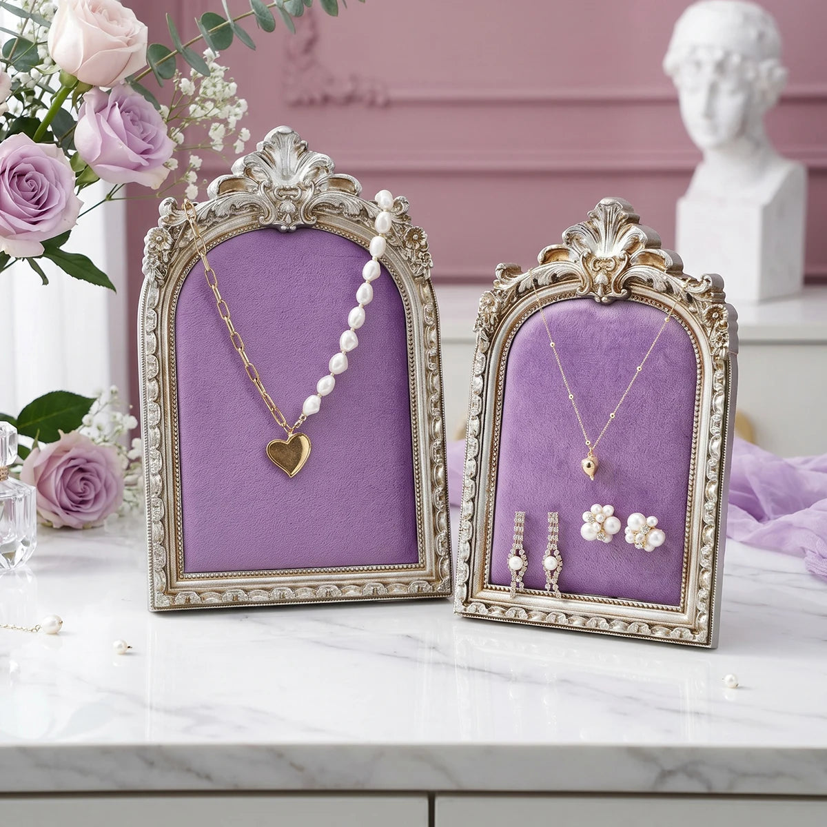 European-Style Velvet Jewelry Display Stand with Silver-Plated Floral Detail